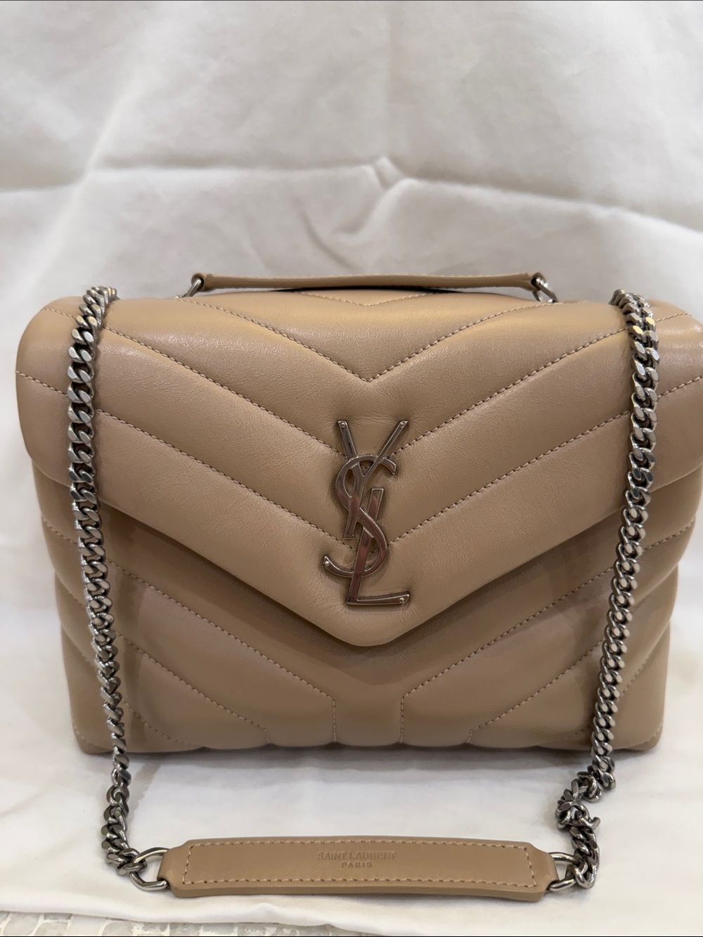 NWOT Saint Laurent Lou Lou Dark Beige Quilted Leather Handbag with Silver Chain